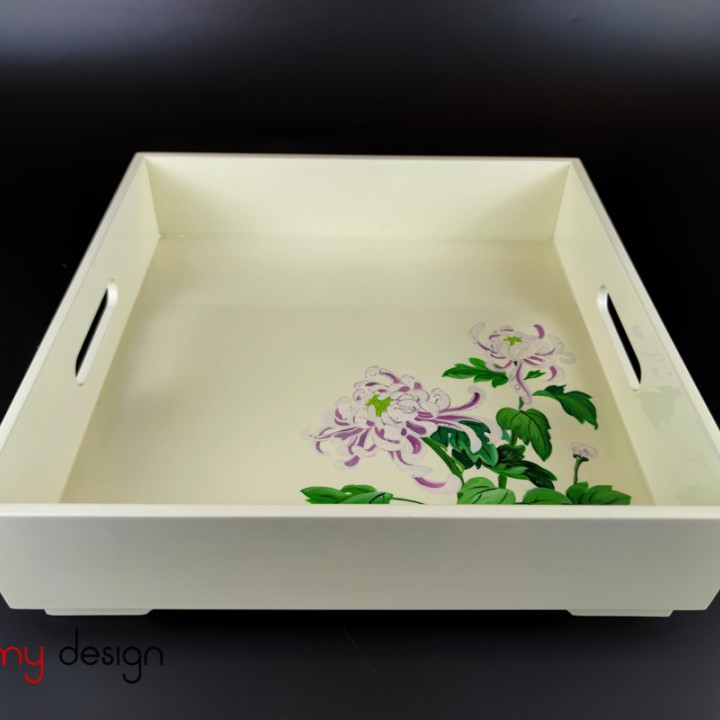 Cream square lacquer tray hand-painted with chrysanthemum 32*H9 cm